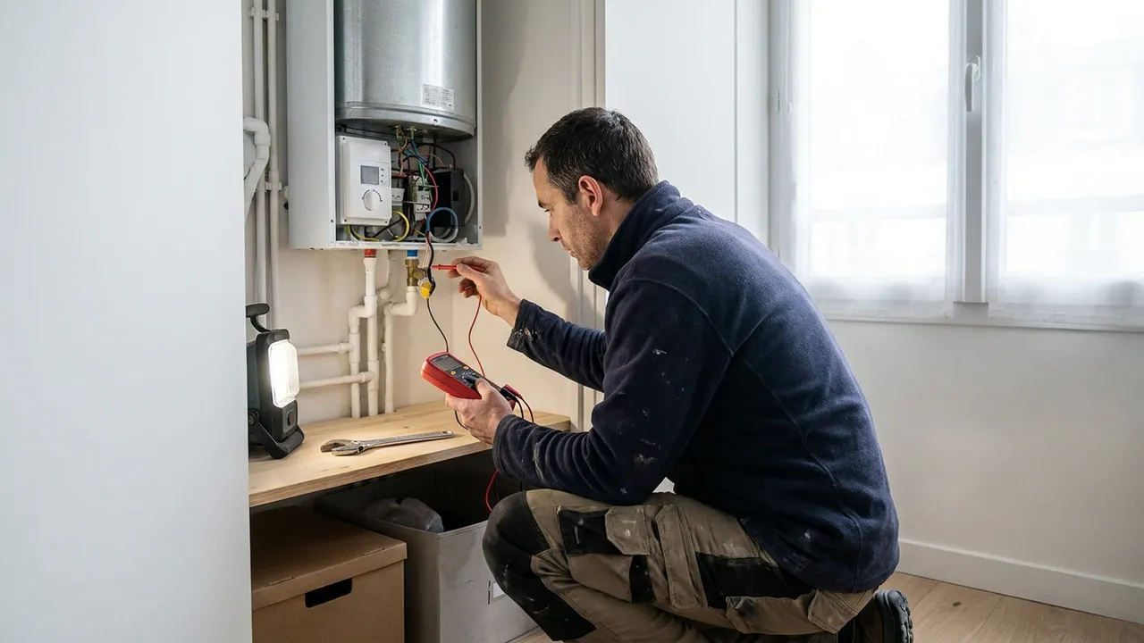 Contrôle du thermostat d'un cumulus électrique dans la cave d'une maison du Raincy