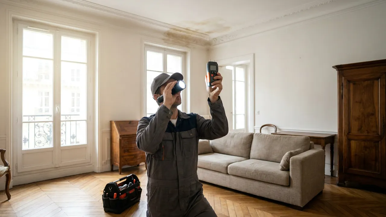 Examen d'une auréole d'humidité au plafond d'un salon après un dégât des eaux au Raincy
