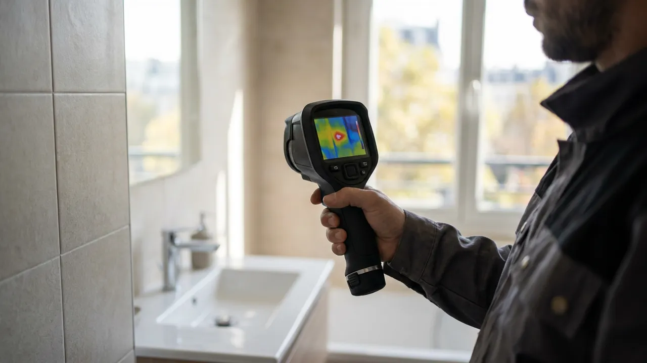 Recherche de fuite par caméra thermique sur le mur d'une salle de bain au Raincy
